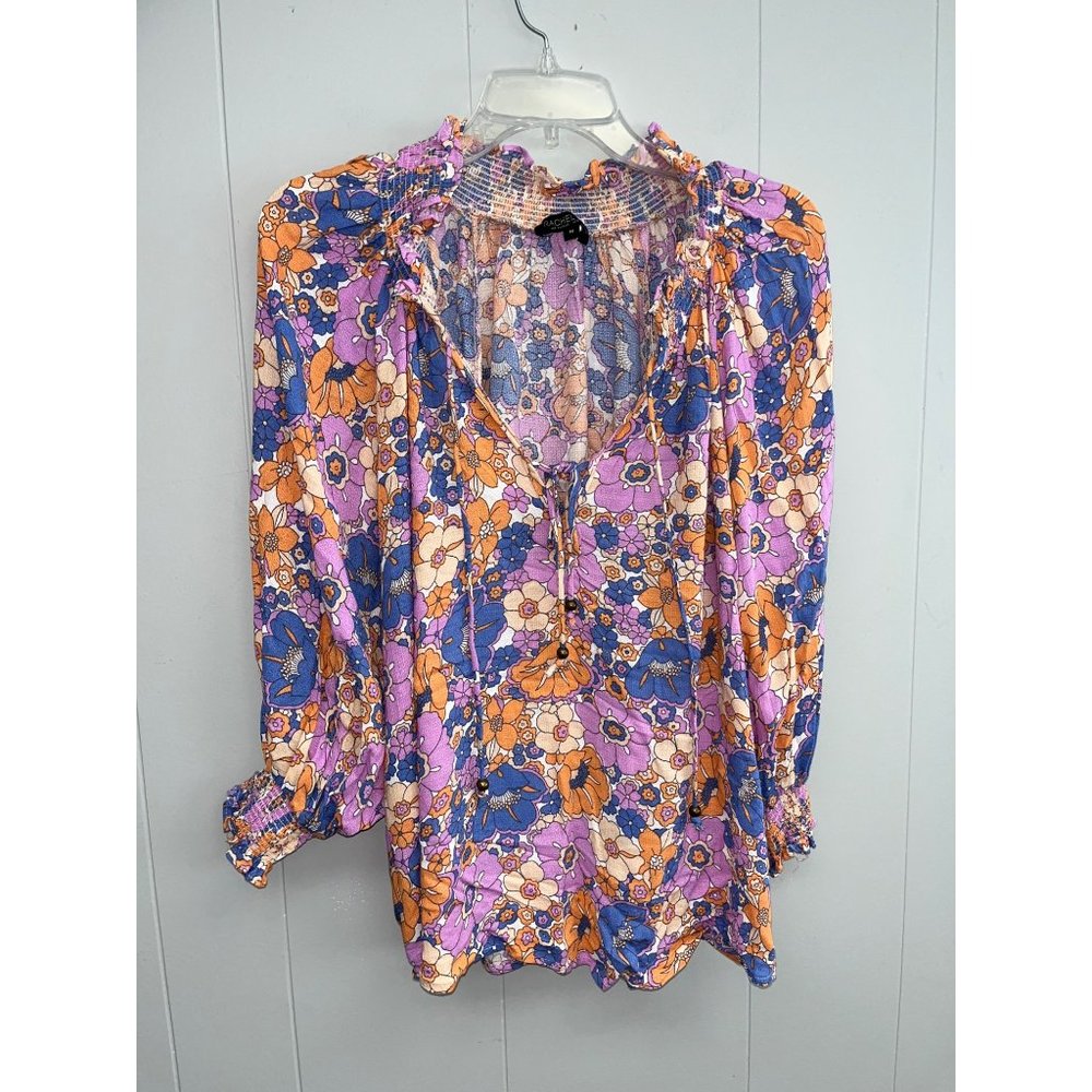 Rachel Zoe Women Purple Tie Long Sleeve Floral Blouse Size Medium